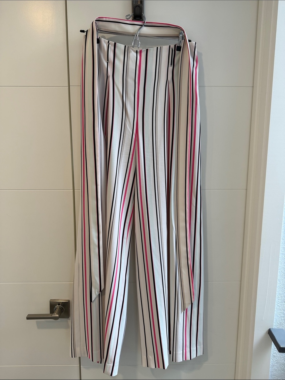 WHBM Striped Wide-Leg Side Zip Pants in White with Pink & Black Stripes